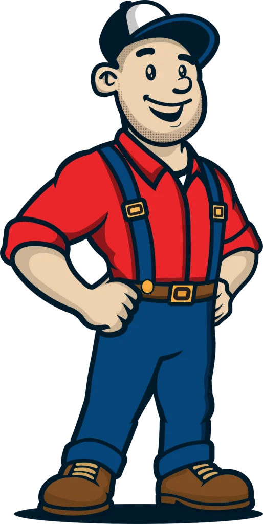 A cartoon plumber character with a beard, cap, red shirt, and blue overalls smiles with hands on hips