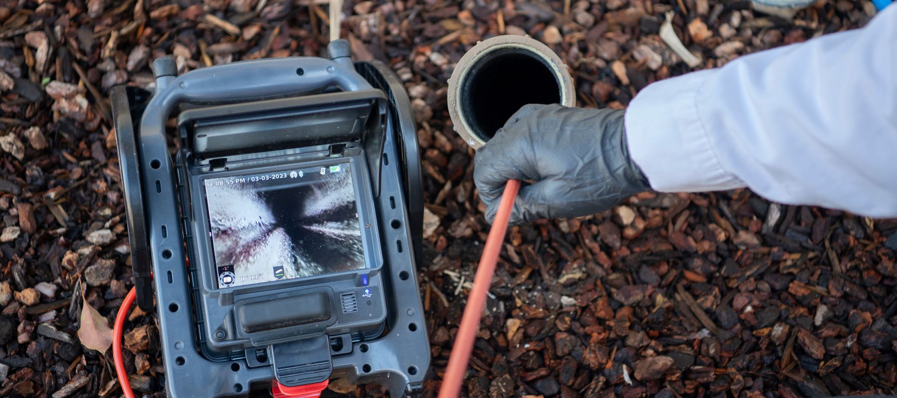 A gloved hand feeds a bright orange pipe inspection camera into a dark pipe opening, while a monitor displays the camera's view of the pipe's interior