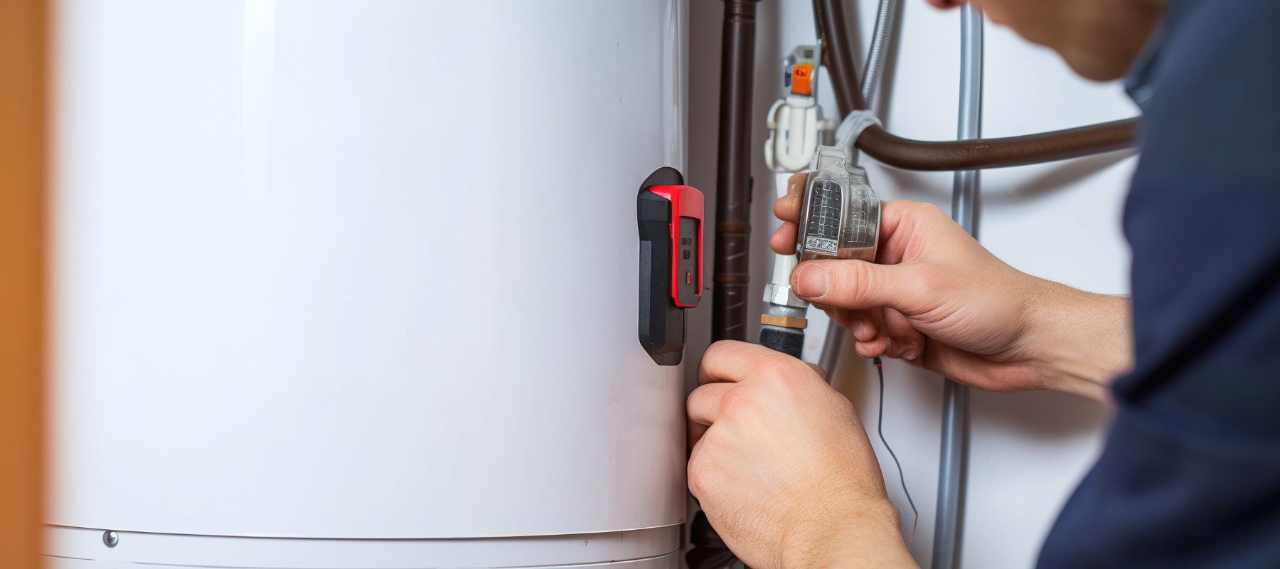 A person's hands are connecting a transparent plastic component to a pipe on the side of a white water heater with a red fitting