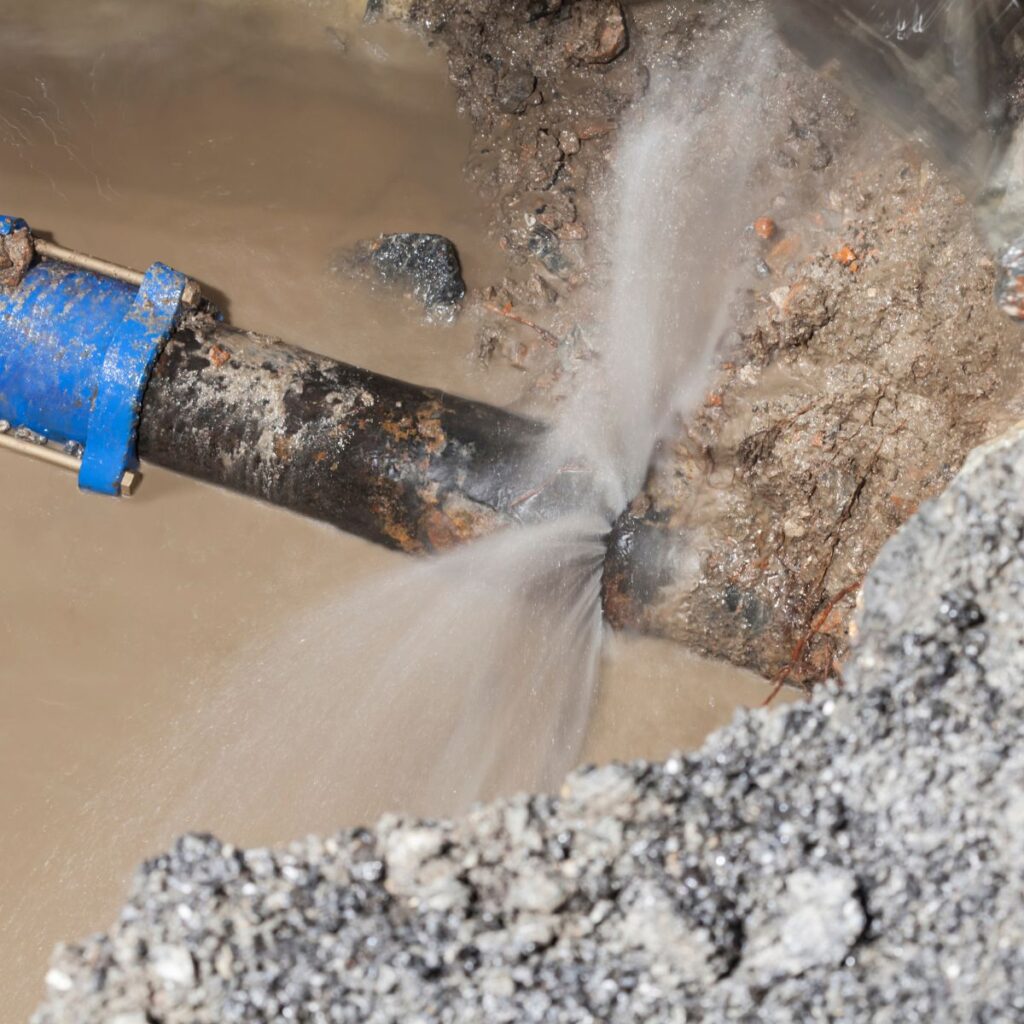 Water fiercely sprays from a burst pipe in a muddy trench, surrounded by gravel and dirt