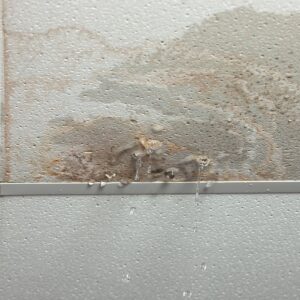 Water drips from a stained and damaged ceiling tile, indicating a leak