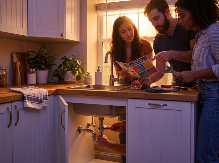 Homeowners reading a plumbing maintenance guide while a plumber repairs the pipes under the kitchen sink