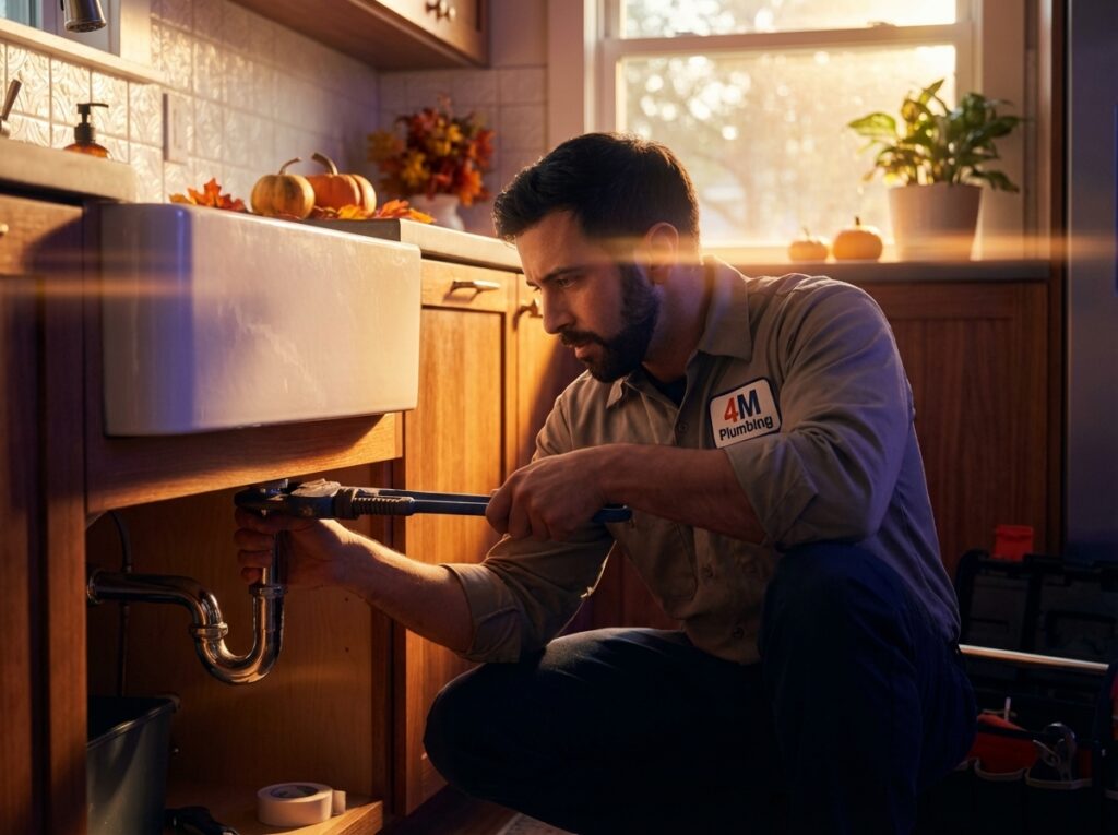 Plumber tightening the drain pipe under a farmhouse kitchen sink