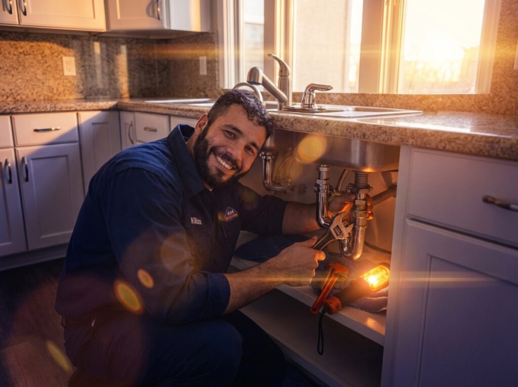 Smiling plumber repairing the supply pipes under a kitchen sink
