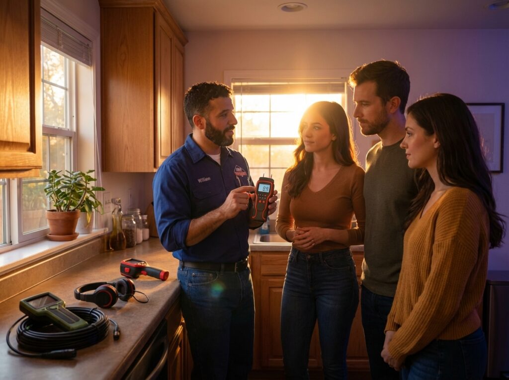 Plumber showing a leak detection meter to three homeowners in their kitchen