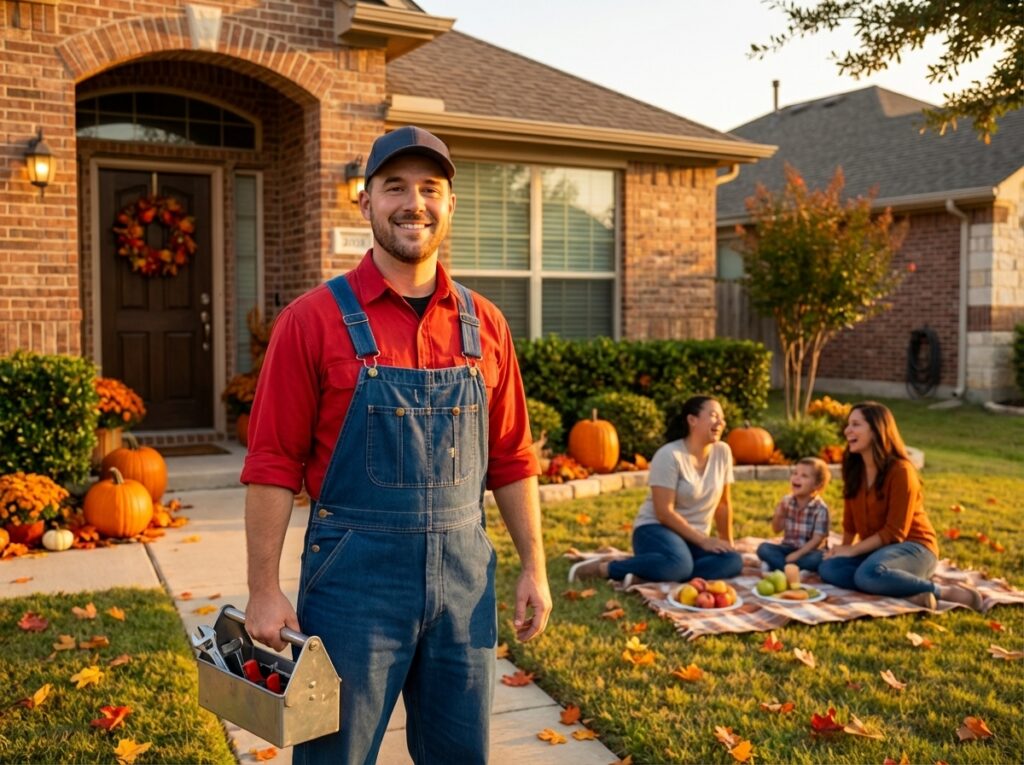 Plumber in overalls carrying a toolbox outside a brick home decorated for fall